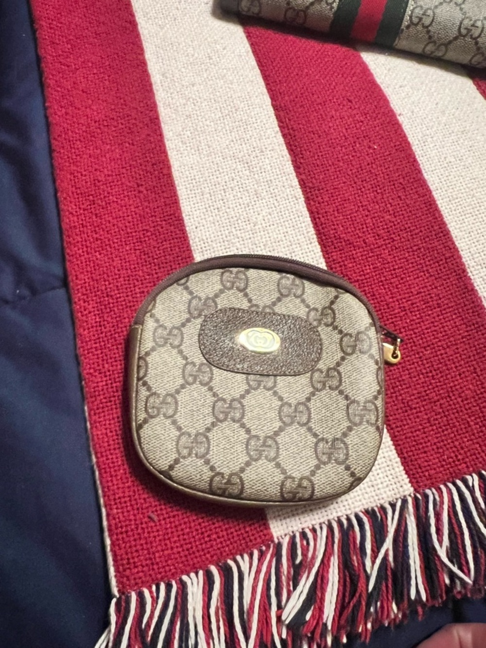 Gucci Beige/Brown Monogram Coin Pouch with Gold Plate